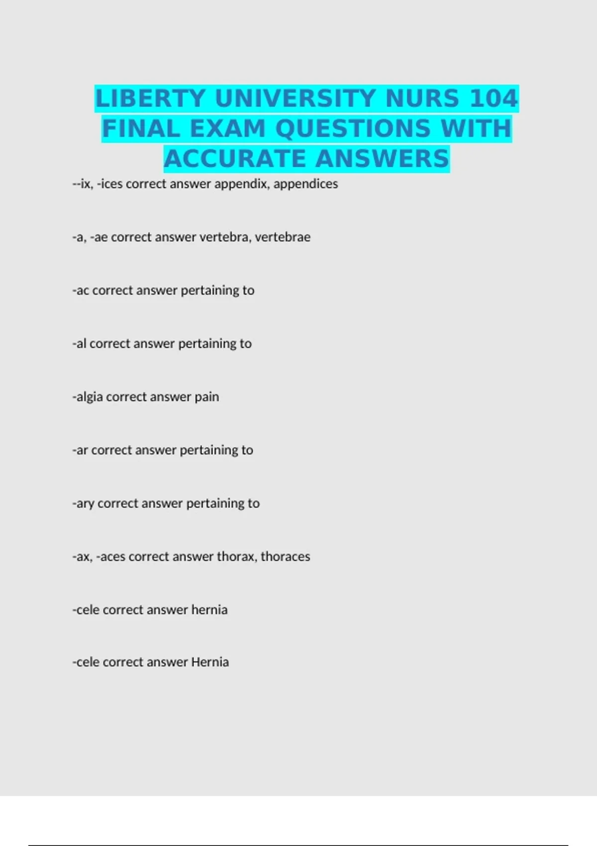 LIBERTY UNIVERSITY NURS 104 FINAL EXAM QUESTIONS WITH ACCURATE ANSWERS ...