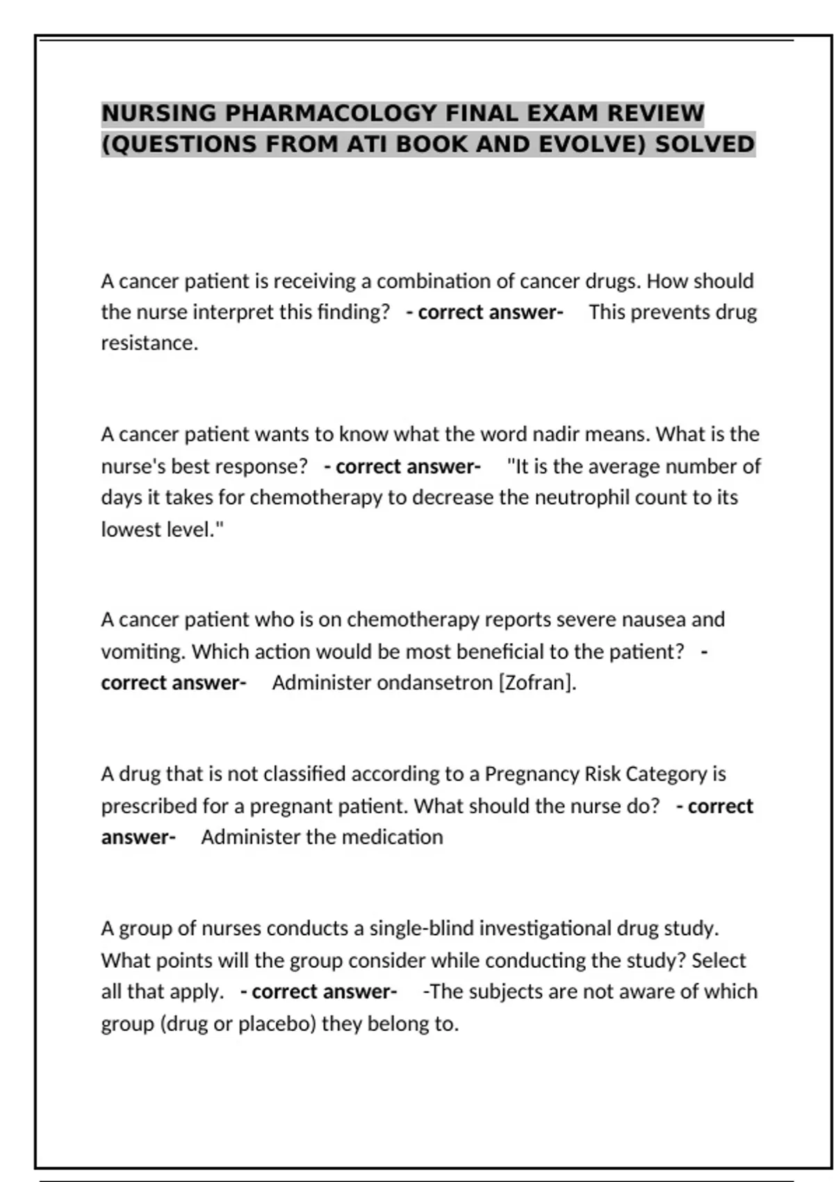 nursing Pharmacology Final Exam review (questions from ATI book and ...