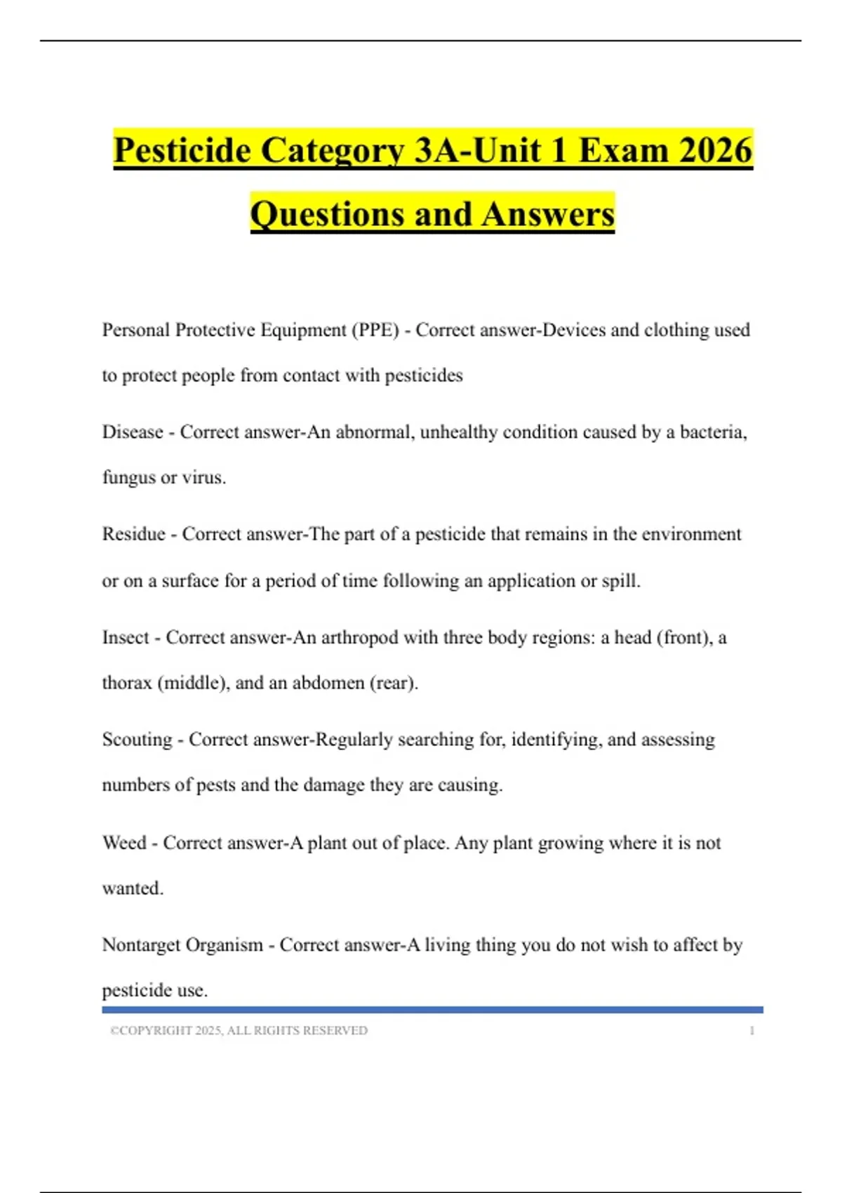 Pesticide Category 3A-Unit 1 Exam 2026 Questions and Answers ...