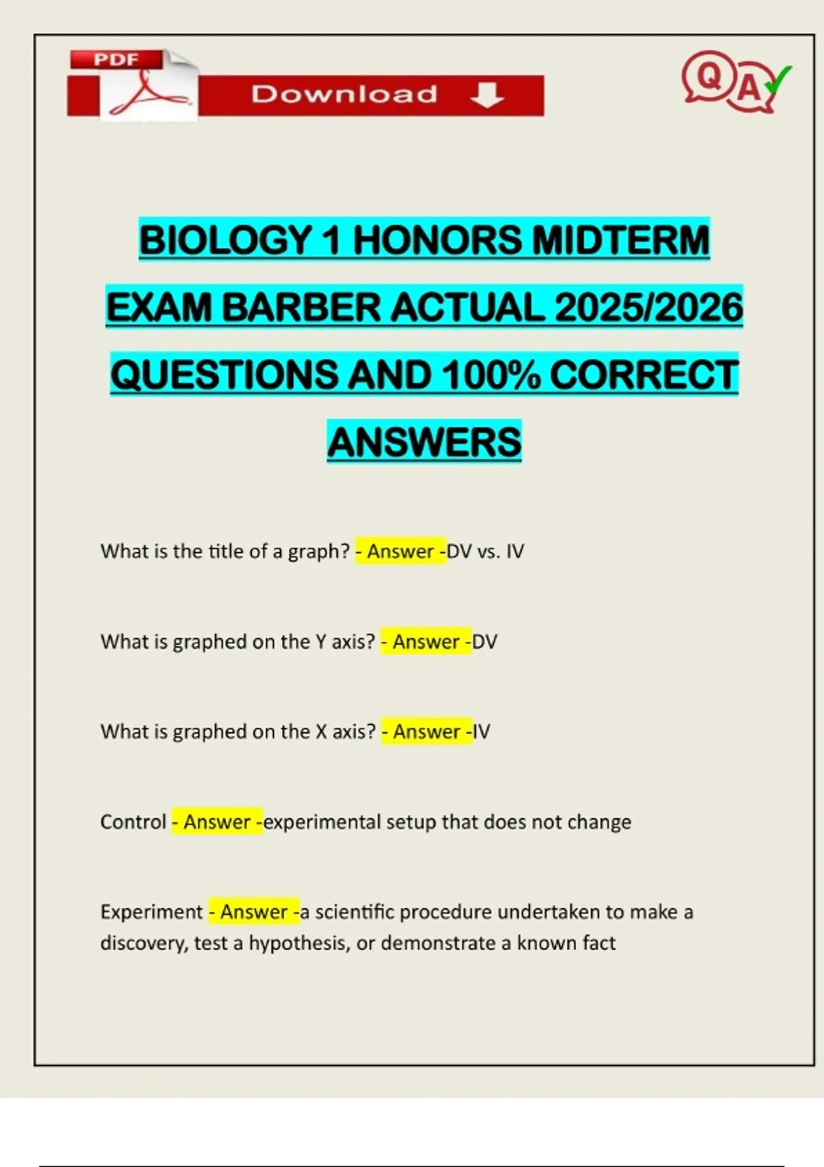 BIOLOGY 1 HONORS MIDTERM EXAM BARBER ACTUAL 2025/2026 QUESTIONS AND 100 ...