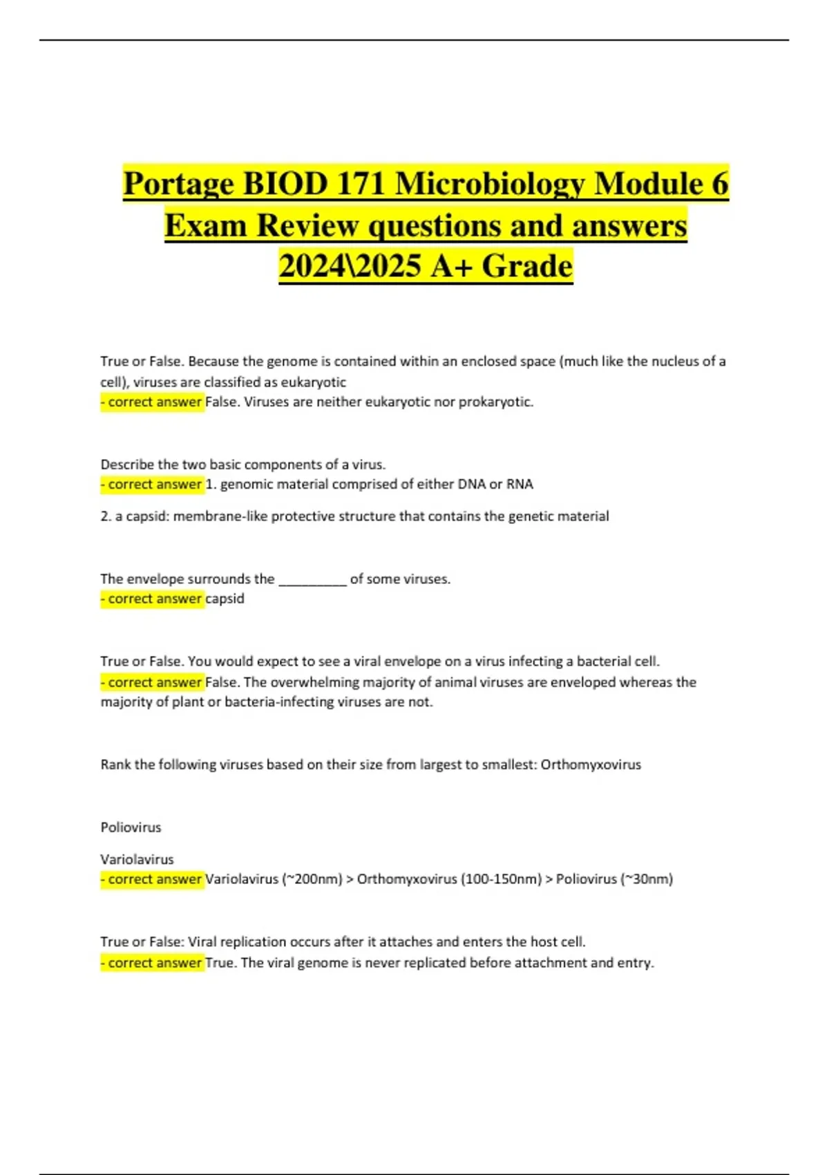 BIOD 171 Module 6 Exam – Essential Microbiology Portage Learning 2024/ ...