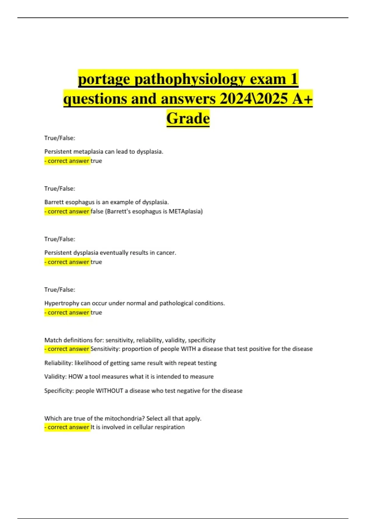 Pathophysiology Module 1 Exam – Portage Learning 2024/2025 Verified ...