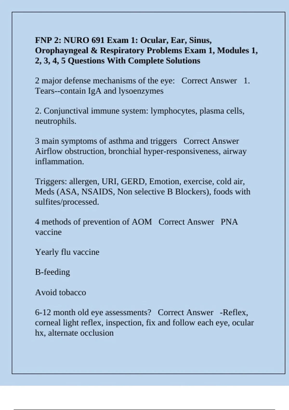 FNP 2: NURO 691 Exam 1: Ocular, Ear, Sinus, Orophayngeal & Respiratory ...