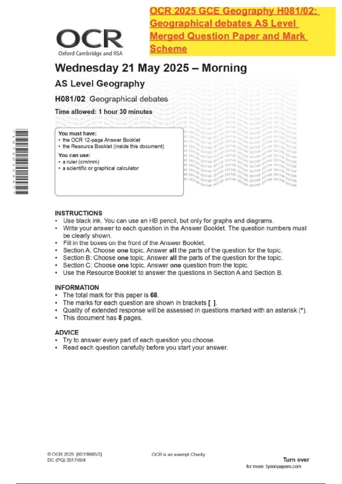OCR 2025 GCE Geography H081/02: Geographical debates AS Level Merged ...
