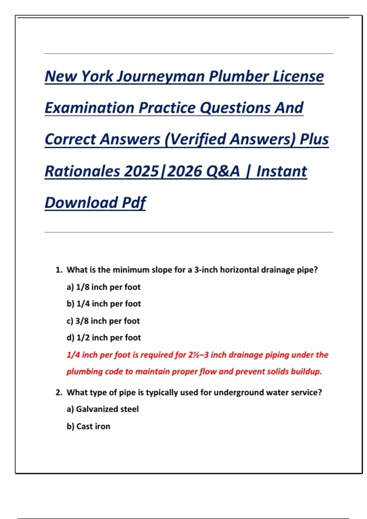 New York Journeyman Plumber License Examination Practice Questions And