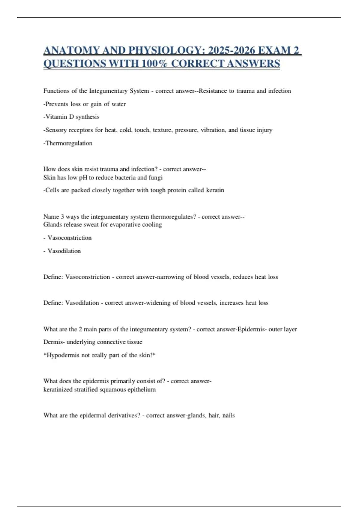 ANATOMY AND PHYSIOLOGY: EXAM 2 QUESTIONS WITH 100% CORRECT ANSWERS ...