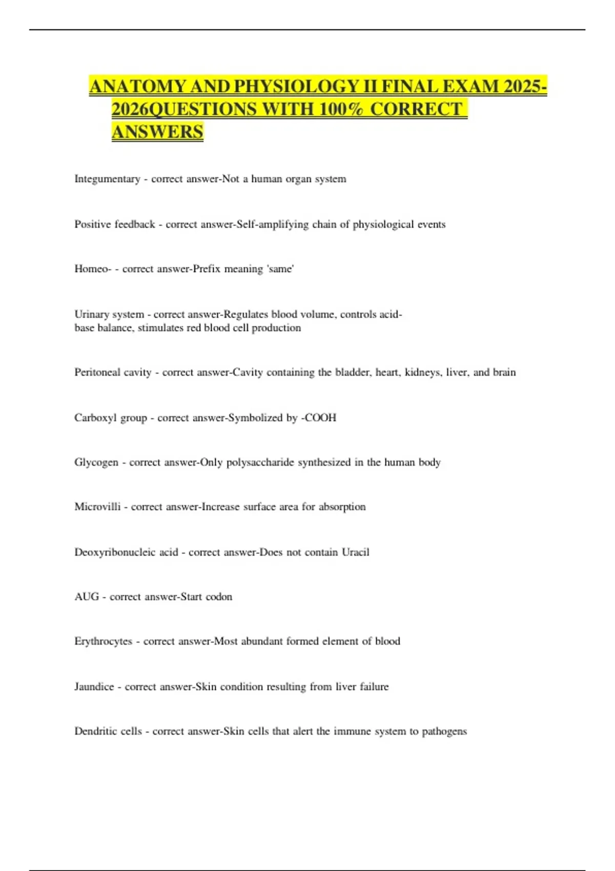 ANATOMY AND PHYSIOLOGY II FINAL EXAM QUESTIONS WITH 100% CORRECT ...