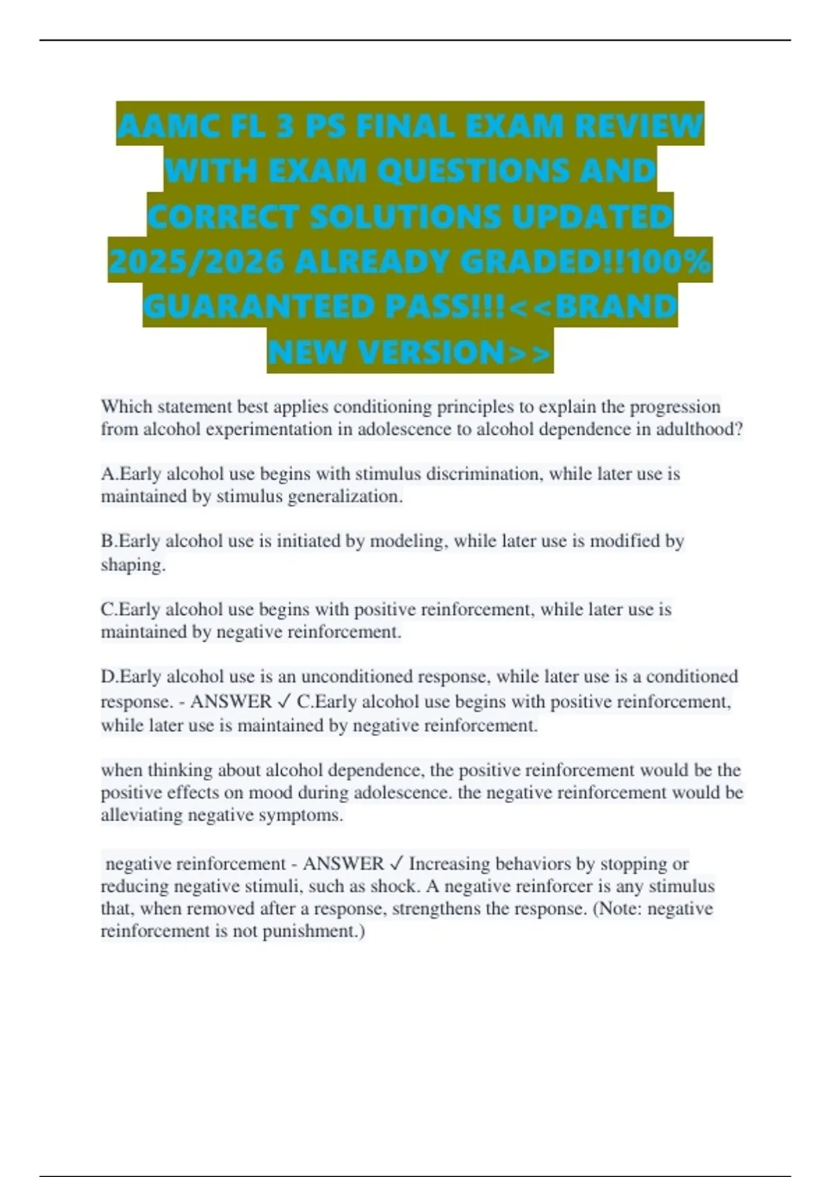 AAMC FL 3 PS FINAL EXAM REVIEW WITH EXAM QUESTIONS AND CORRECT ...