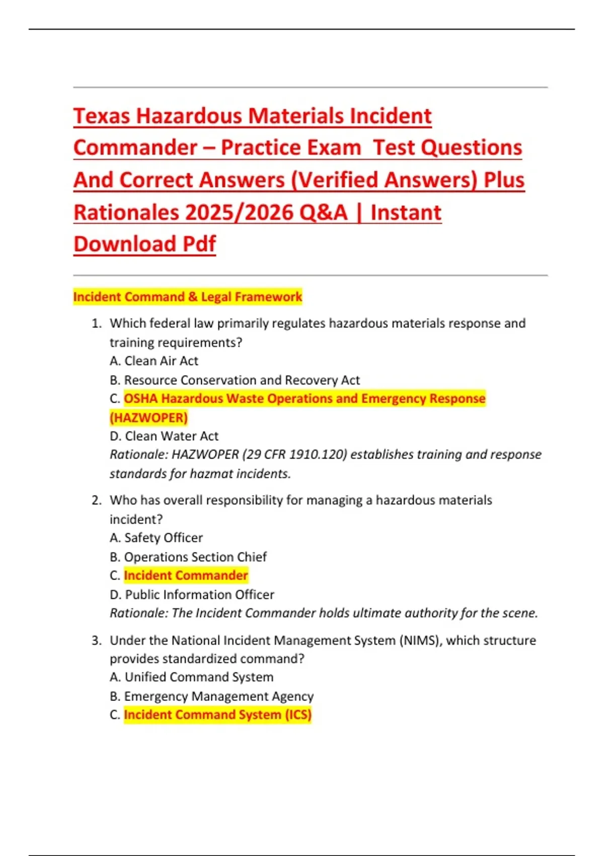 Texas Hazardous Materials Incident Commander - Practice Exam Test ...