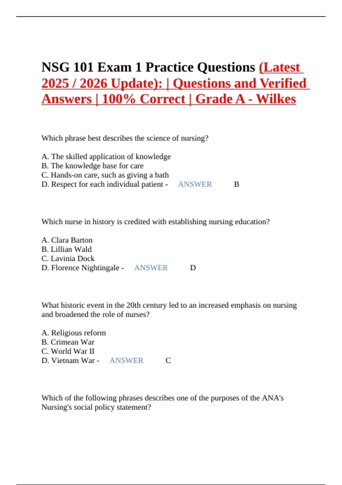 NSG 101 / NSG 101 Exam 1 Practice Questions (Latest 2025 / 2026 Update ...
