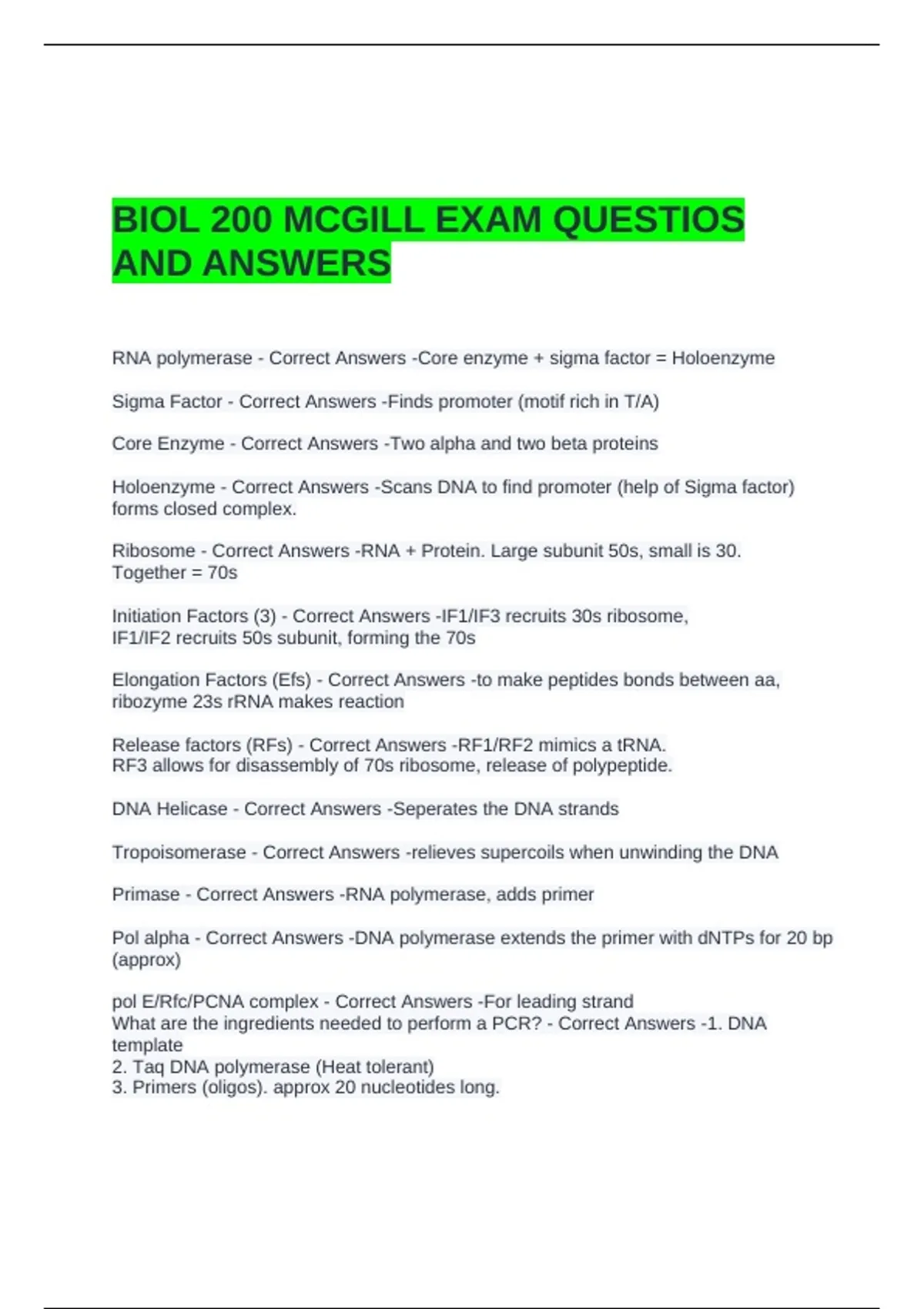 BIOL 200 MCGILL EXAM QUESTIOS AND ANSWERS - BIO 200 - Stuvia US