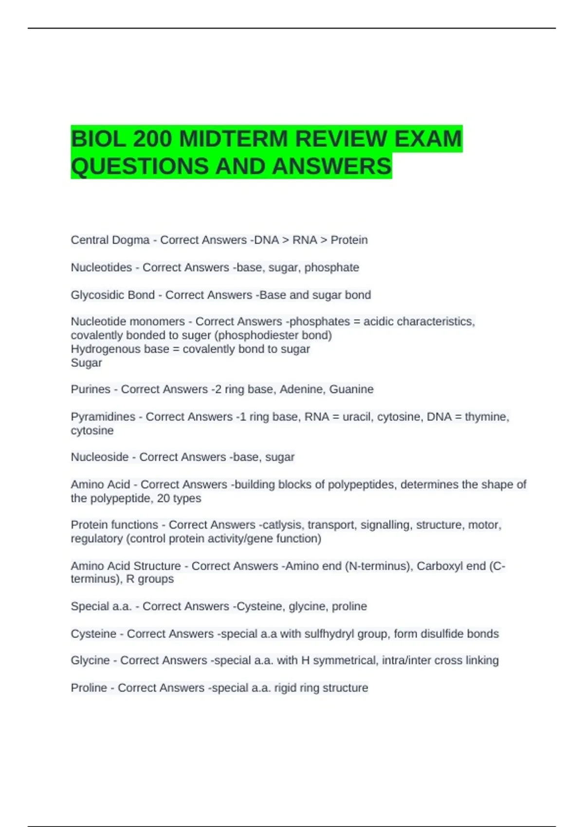BIOL 200 MIDTERM REVIEW EXAM QUESTIONS AND ANSWERS - BIO 200 - Stuvia US