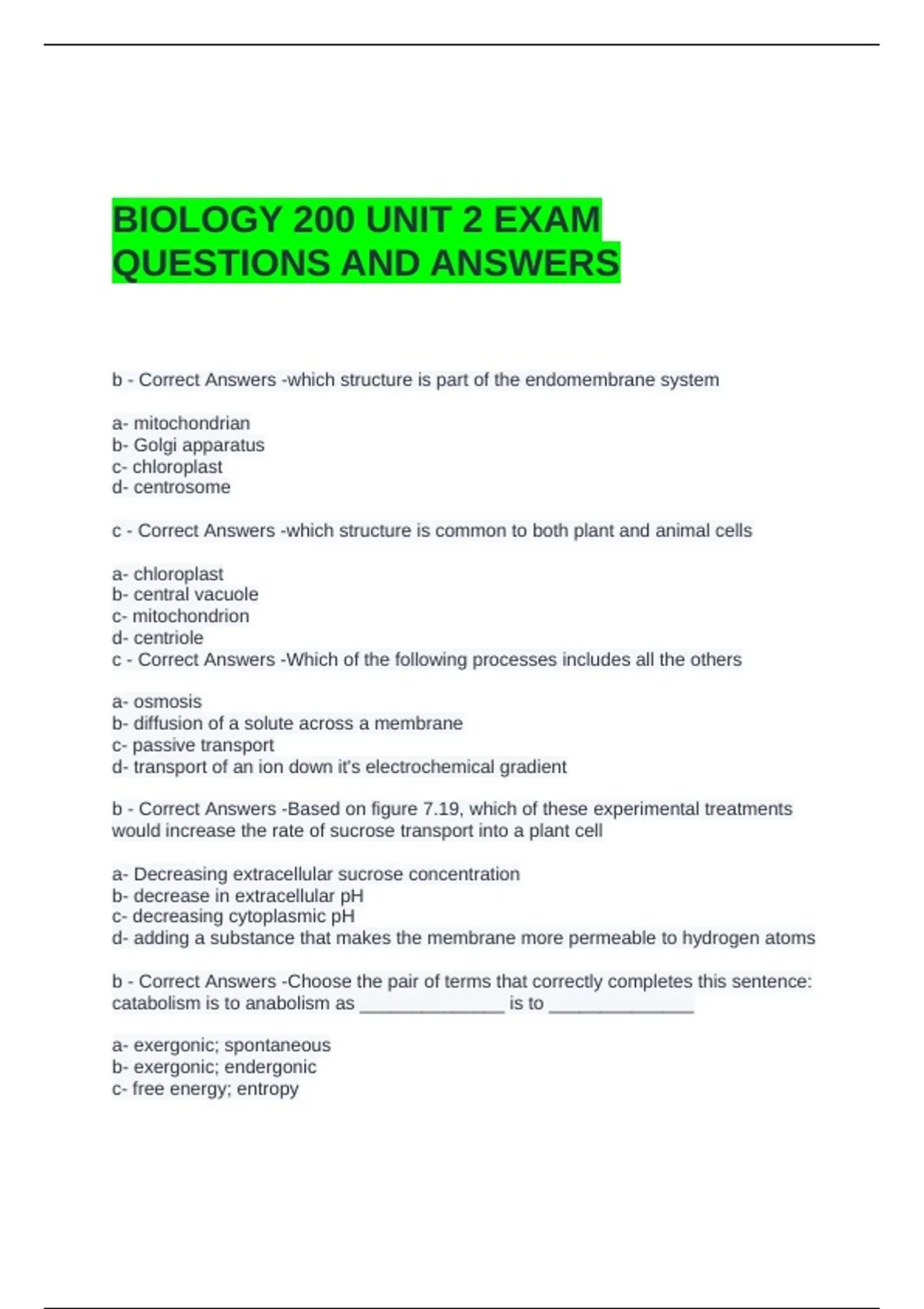 BIOLOGY 200 UNIT 2 EXAM QUESTIONS AND ANSWERS - BIOL 200 - Stuvia US