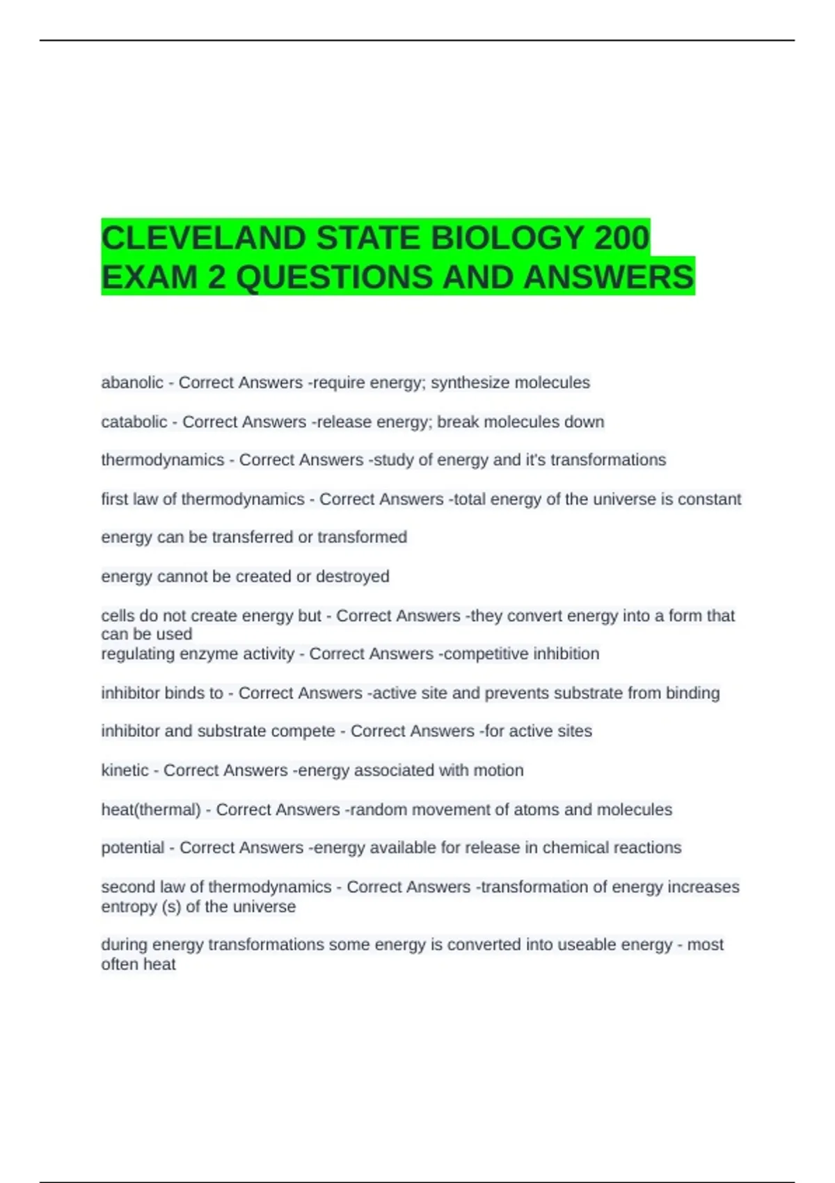CLEVELAND STATE BIOLOGY 200 EXAM 2 QUESTIONS AND ANSWERS - BIOL 200 ...