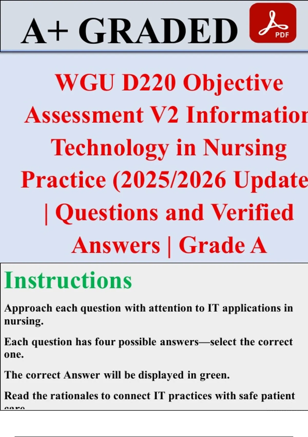D220 WGU D220 Objective Assessment V2 Information Technology in Nursing ...