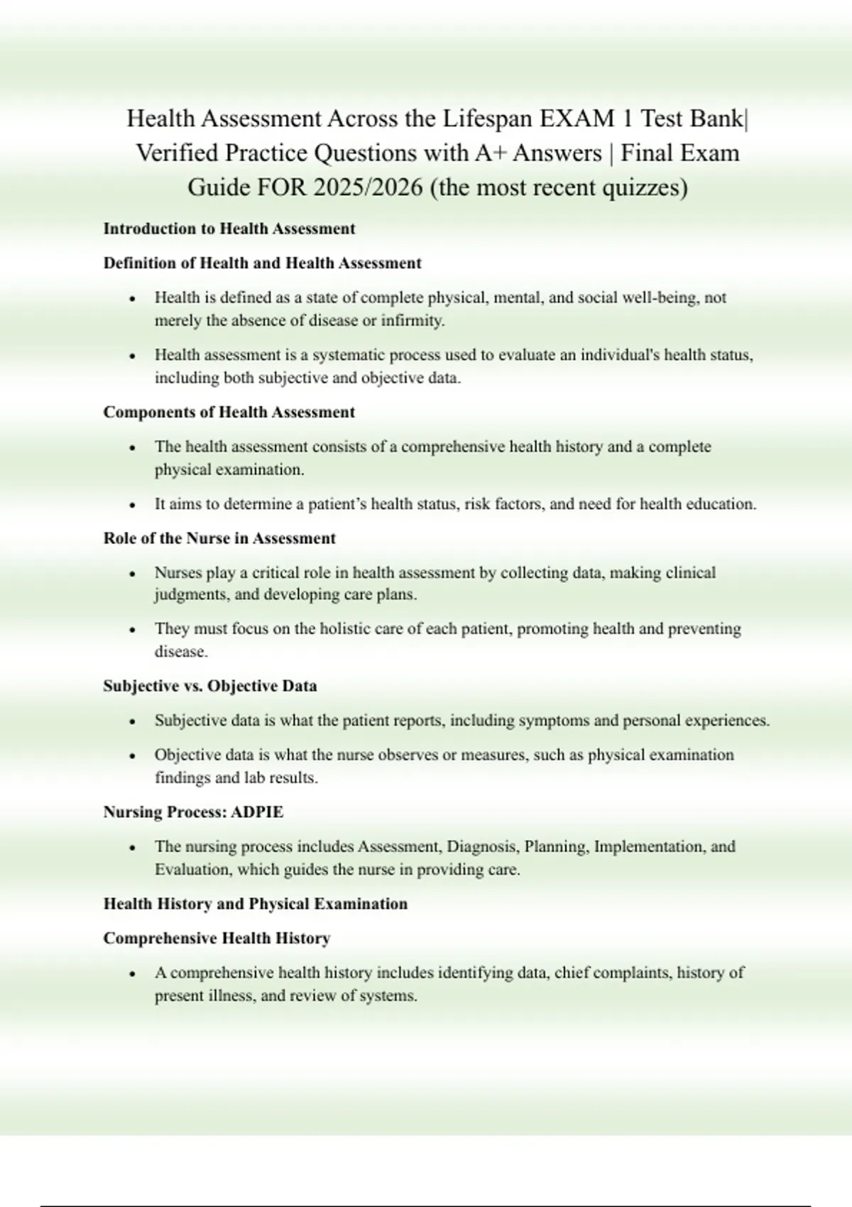 Health Assessment Across the Lifespan EXAM 1 Test Bank| Verified ...