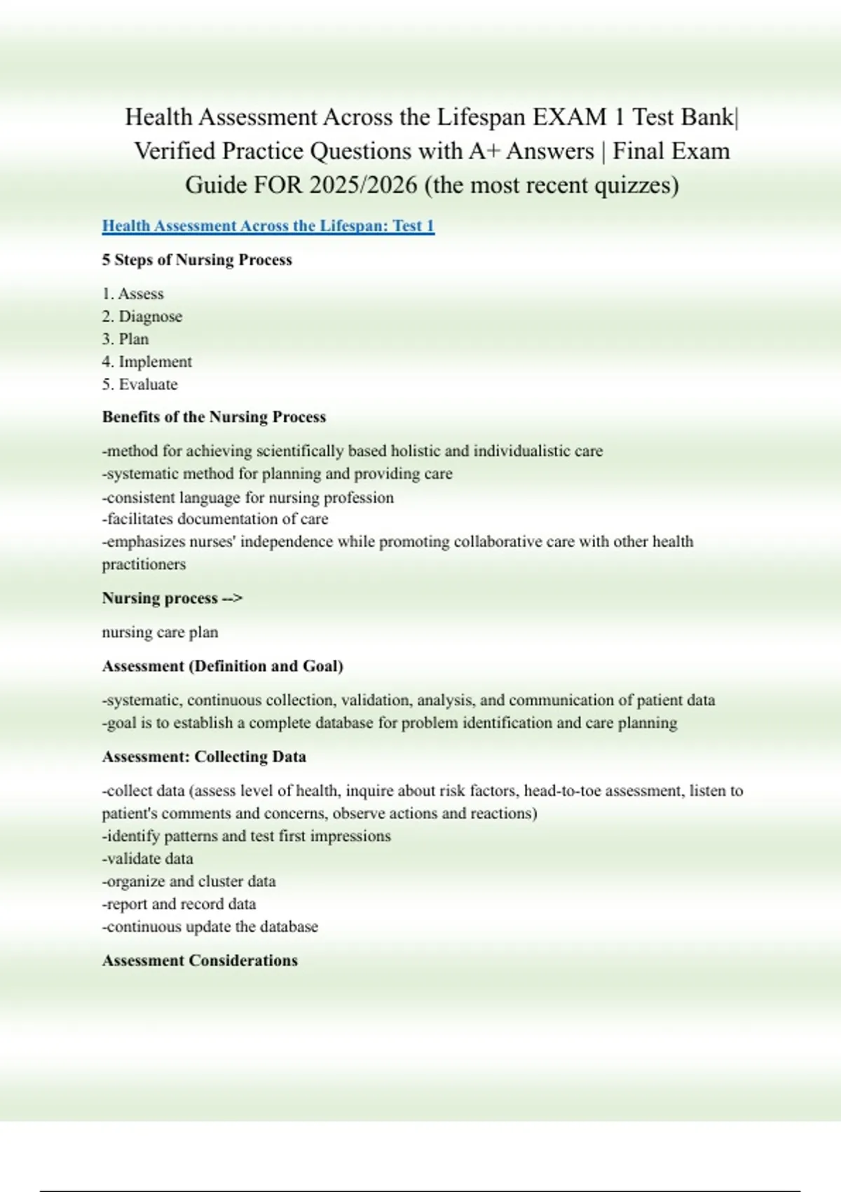 Health Assessment Across the Lifespan Exam 1 Test Bank – Verified ...