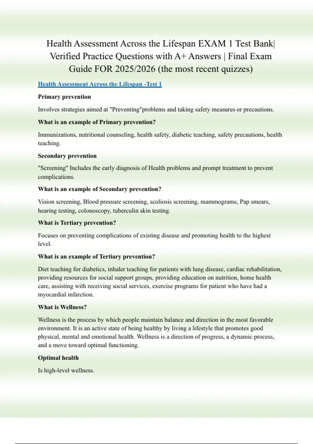Health Assessment Across the Lifespan EXAM 1 Test Bank| Verified ...