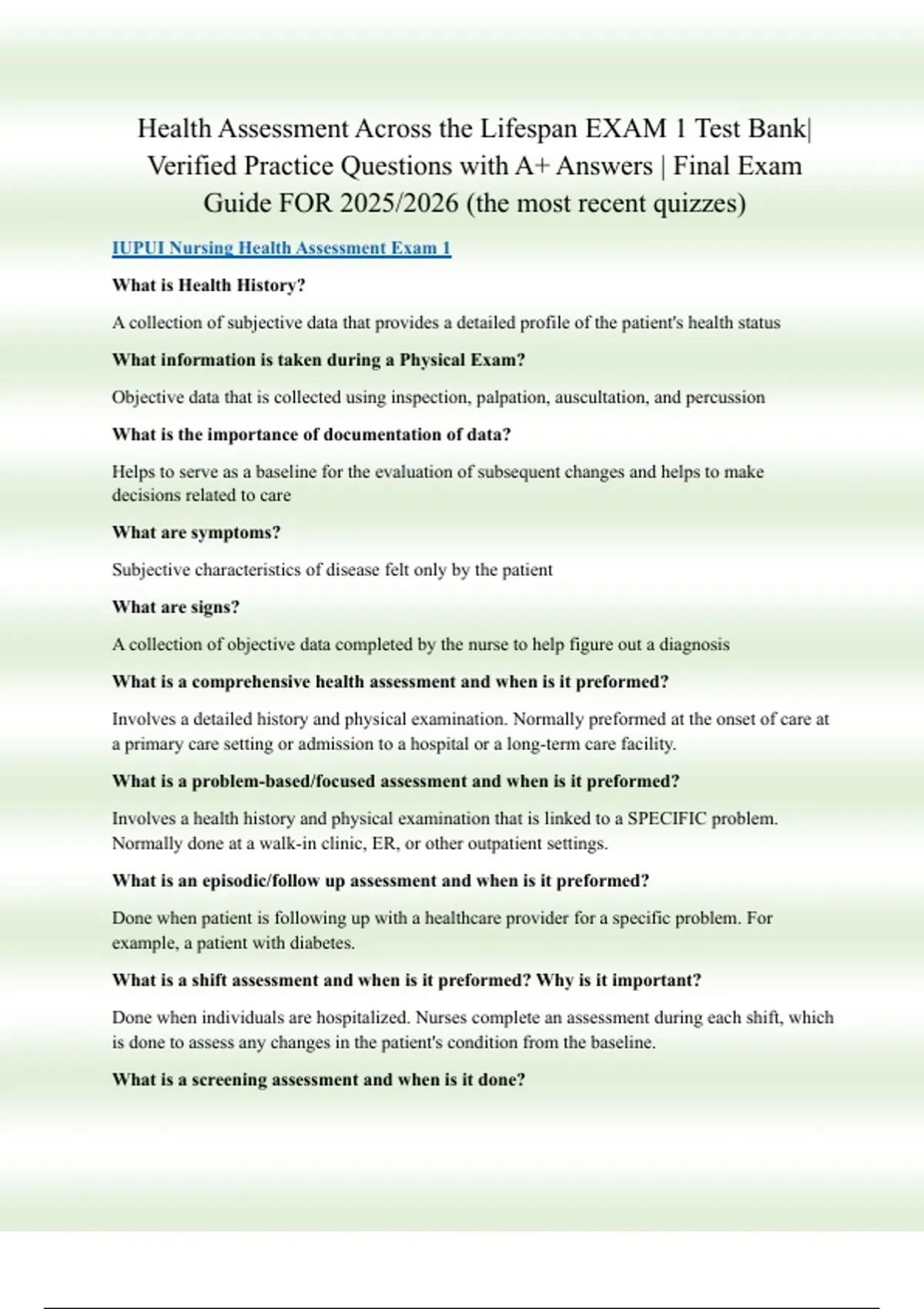 Health Assessment Across the Lifespan EXAM 1 Test Bank| Verified ...