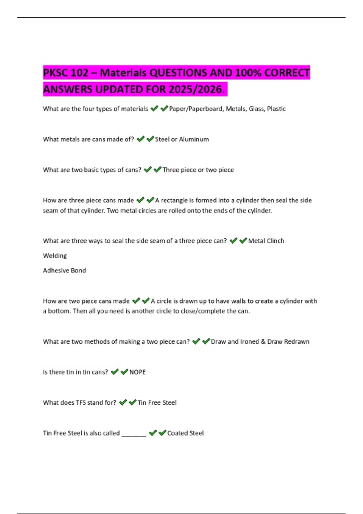 PKSC 102 – Materials QUESTIONS AND 100% CORRECT ANSWERS UPDATED FOR ...