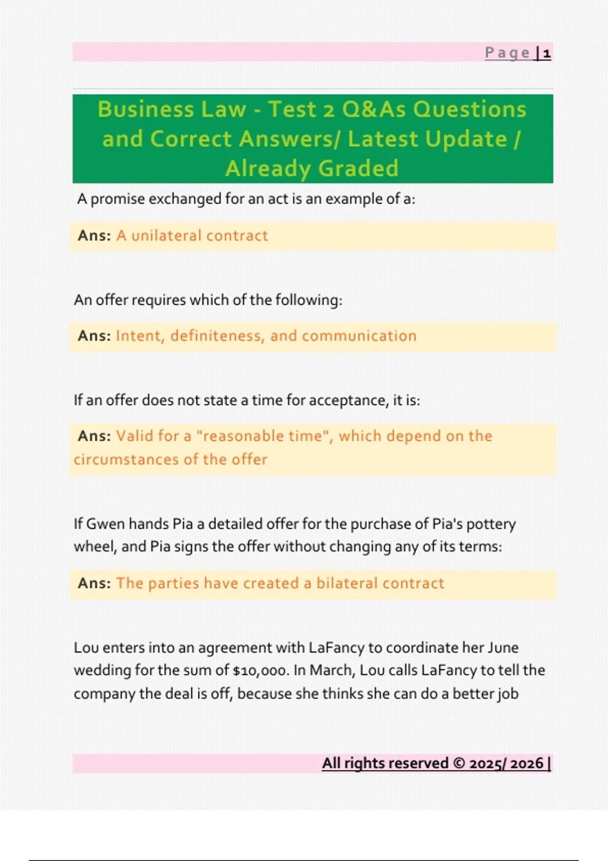 Business Law - Test 2 Q&As Questions and Correct Answers/ Latest Update ...