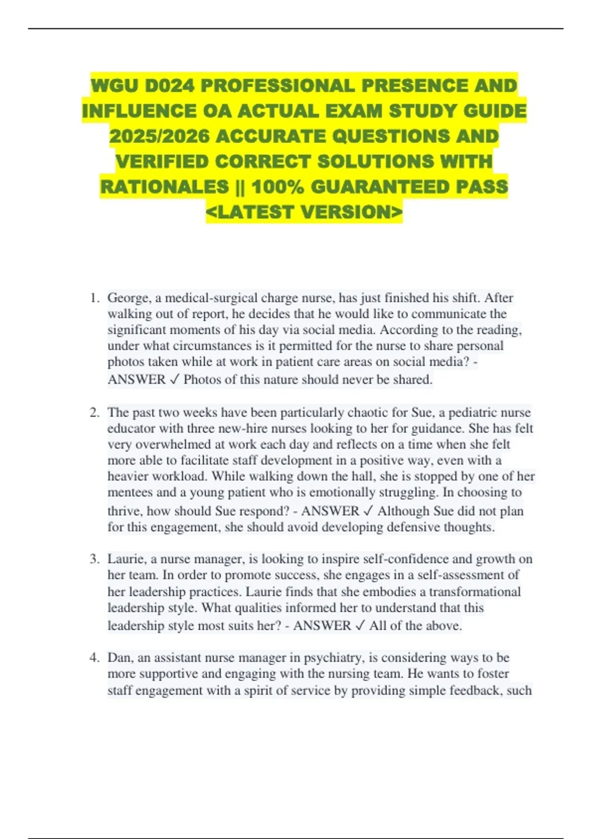WGU D024 PROFESSIONAL PRESENCE AND INFLUENCE OA ACTUAL EXAM STUDY GUIDE ...
