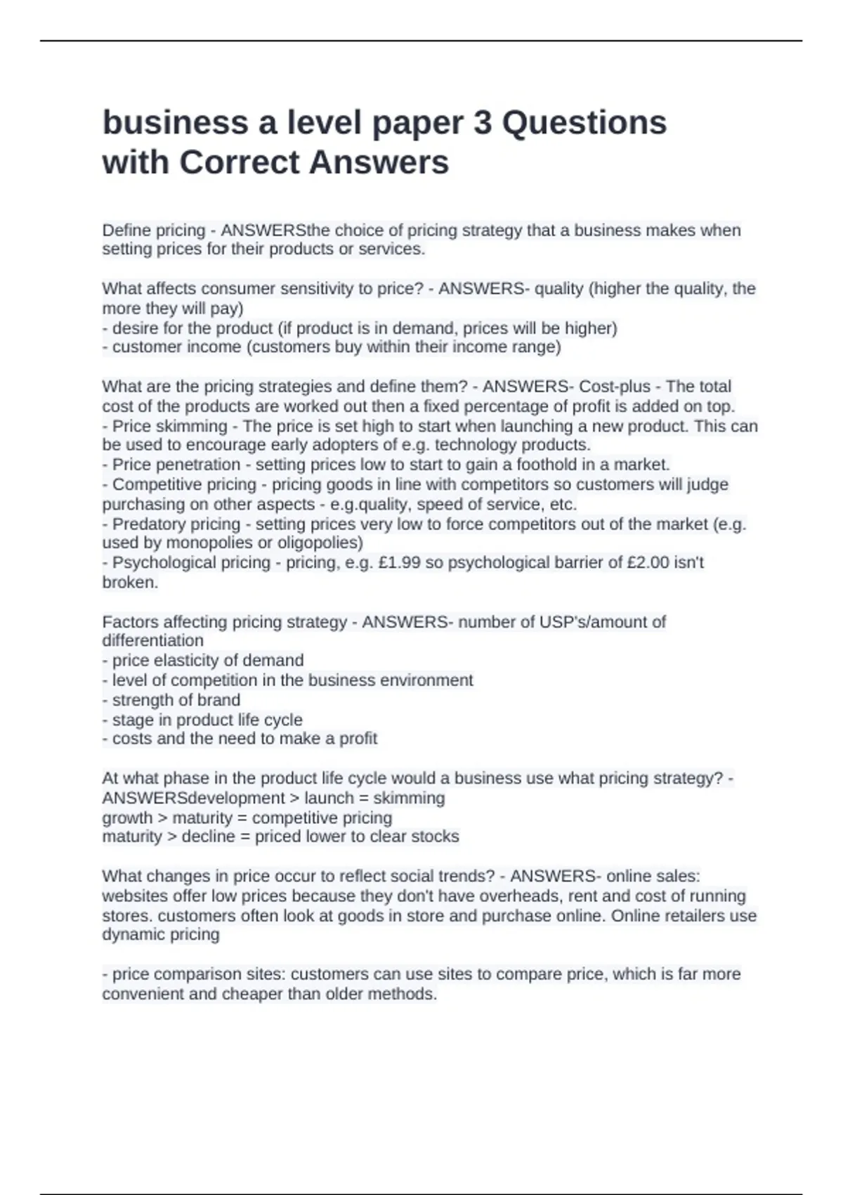 business a level paper 3 Questions with Correct Answers - Business a ...