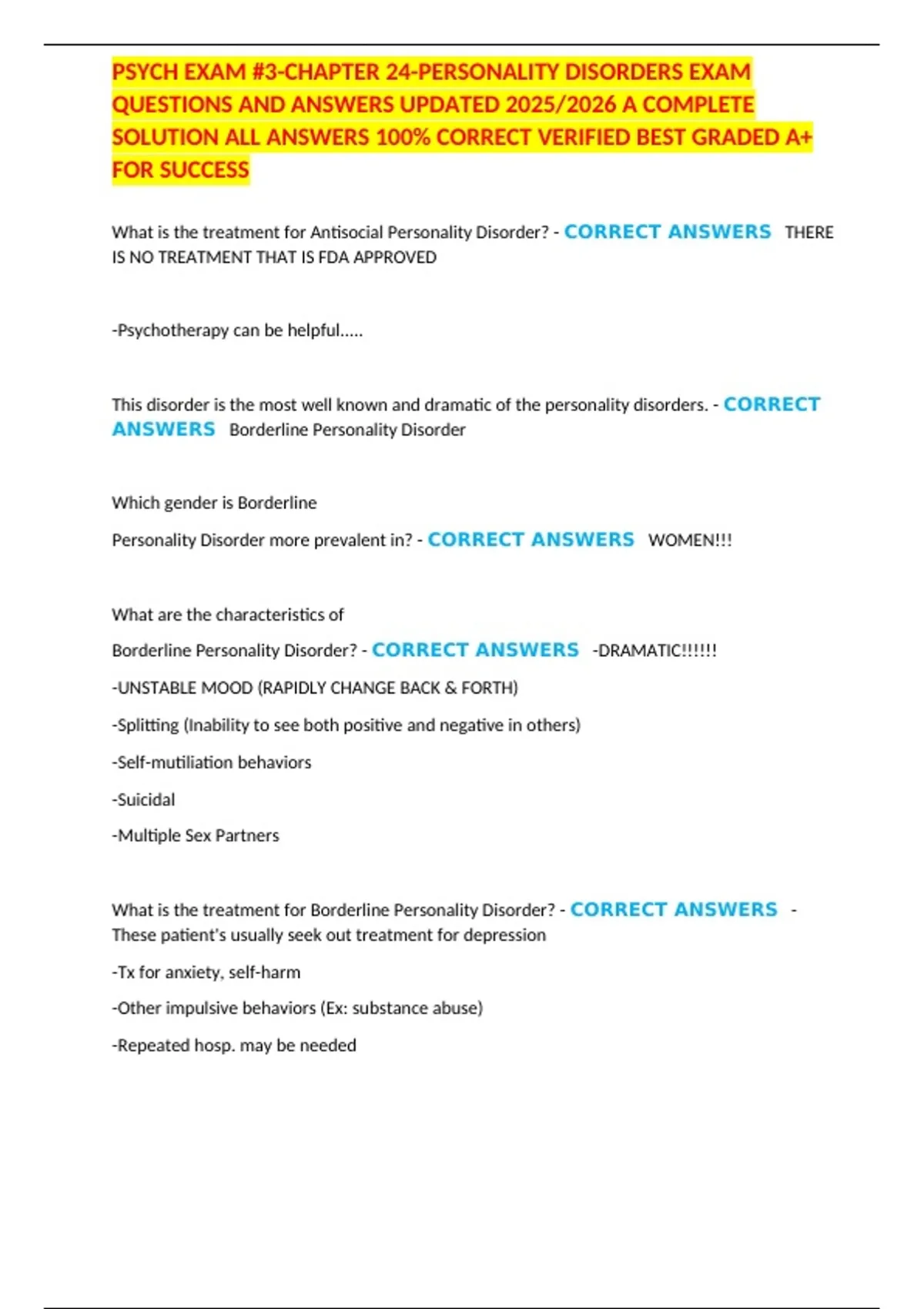 PSYCH EXAM #3-CHAPTER 24-PERSONALITY DISORDERS EXAM QUESTIONS AND ...