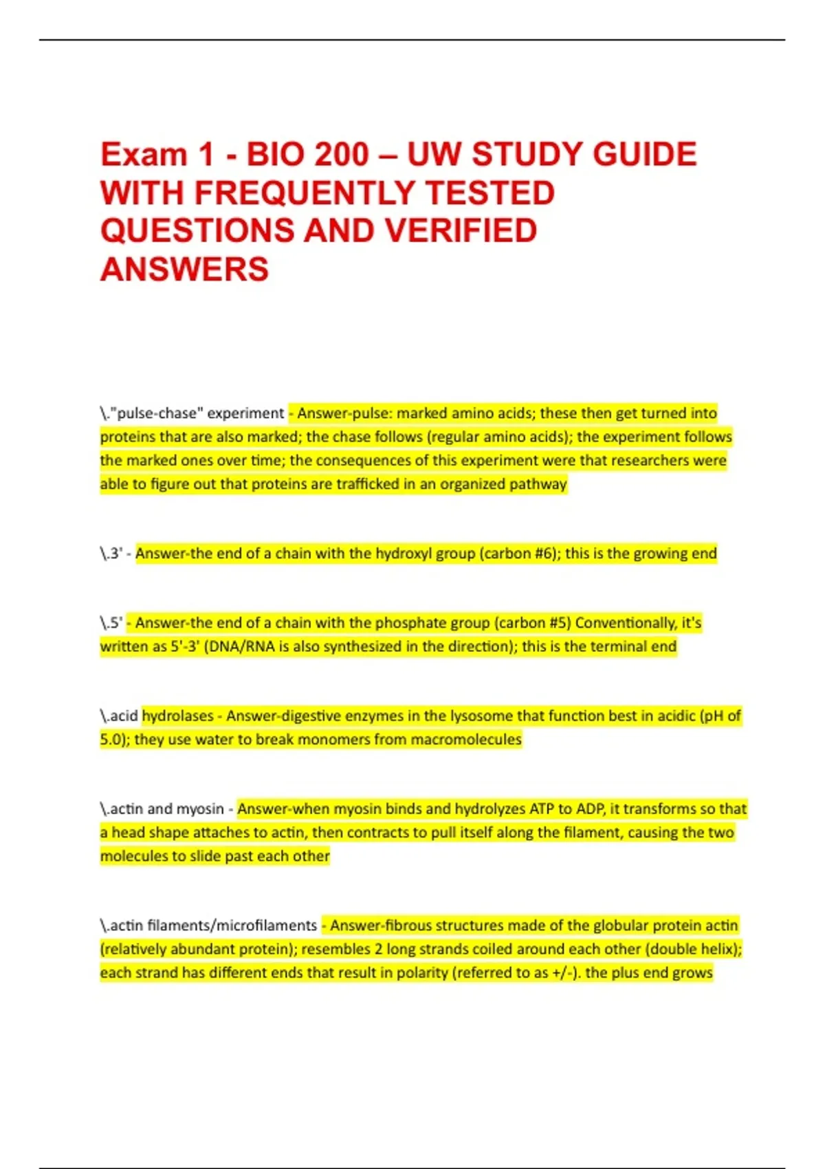 Exam 1 - BIO 200 – UW STUDY GUIDE WITH FREQUENTLY TESTED QUESTIONS AND ...