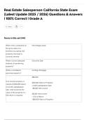 Real Estate Salesperson California State Exam &lpar;Latest Update 2025 &sol; 2026&rpar; Questions & Answers &vert; 100&percnt; Correct &vert; Grade A