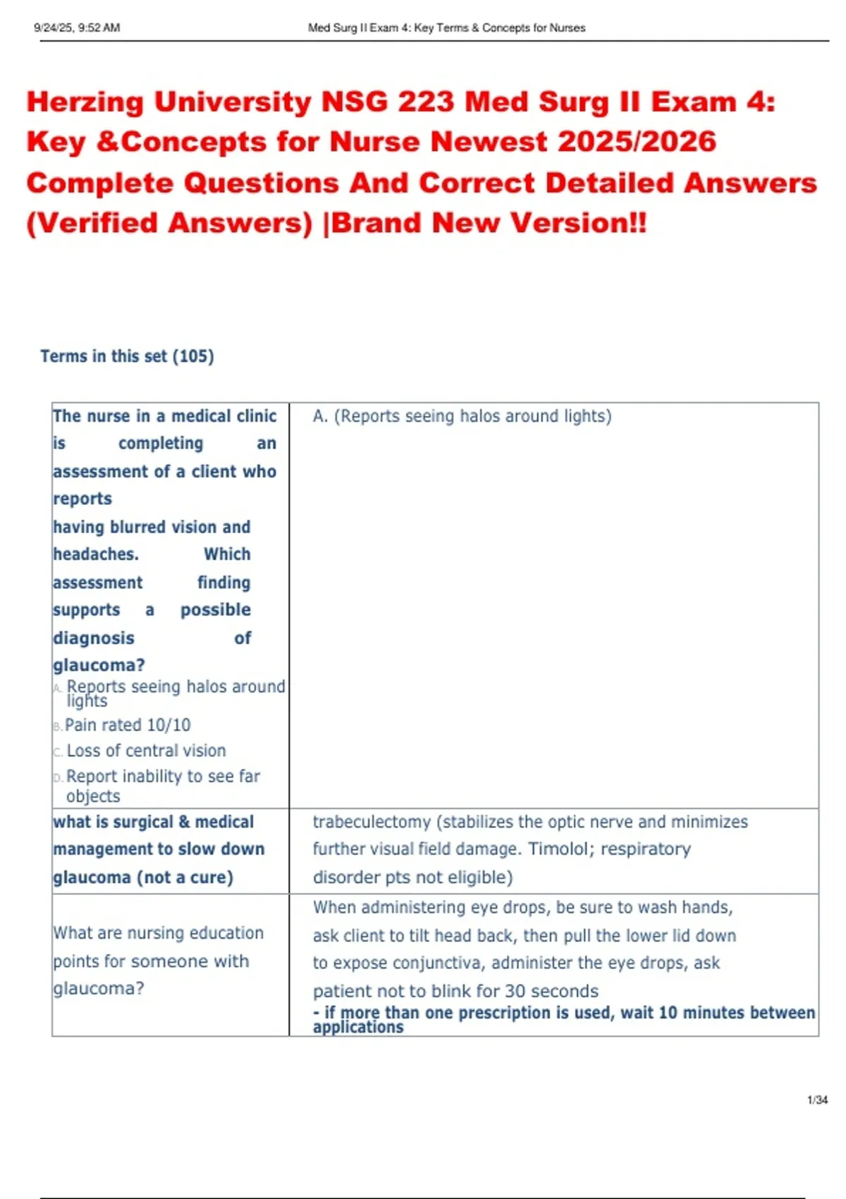 Herzing University NSG 223 Med Surg II Exam 4: Key &Concepts for Nurse ...