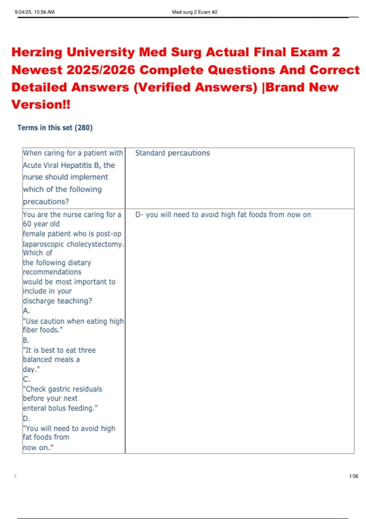 Herzing University Med Surg Actual Final Exam 2 Newest 2025/2026 ...