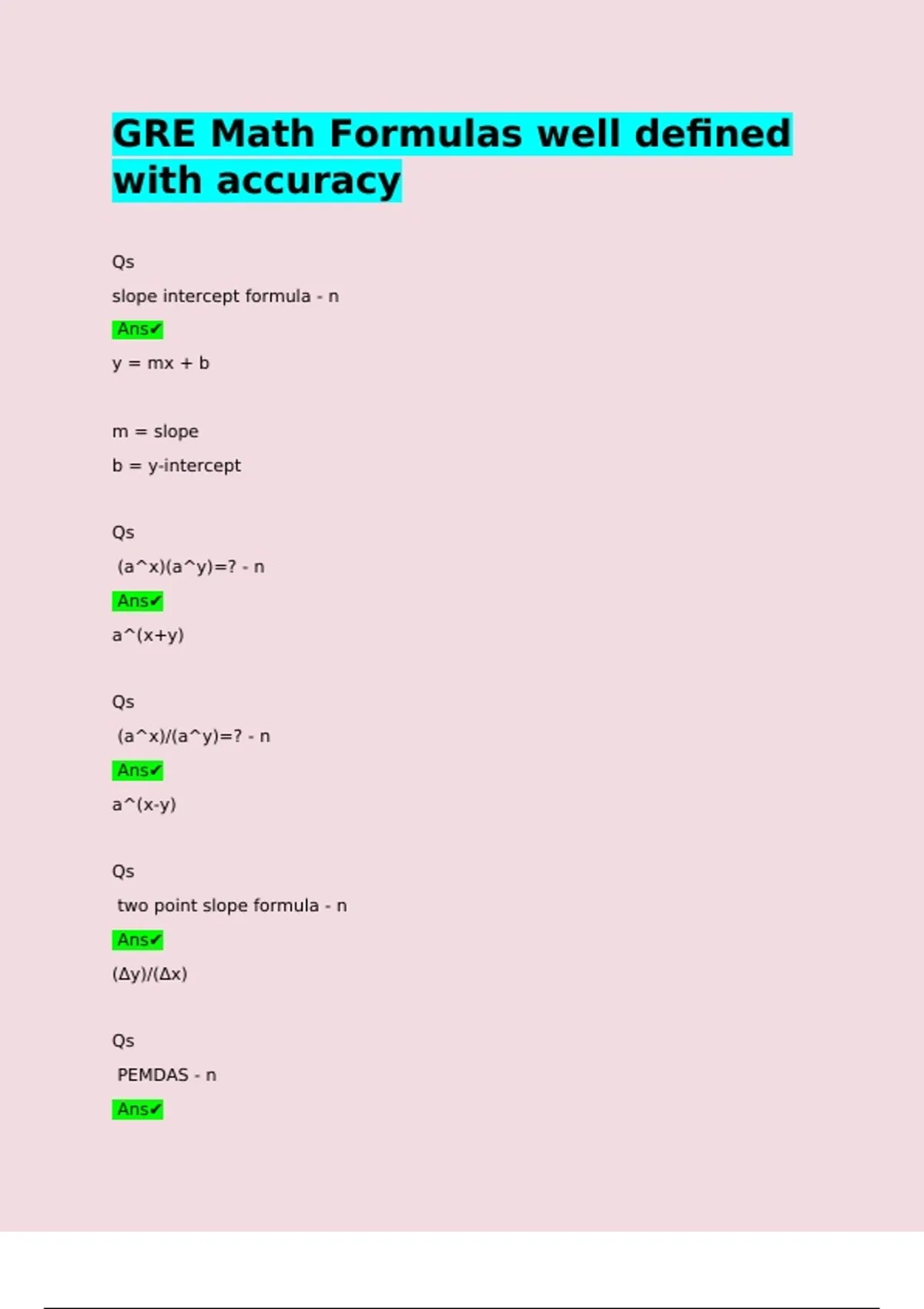 Formulas Needed For Gre Math GRE Math Formulas well defined with accuracy Qs slope intercept formula ...