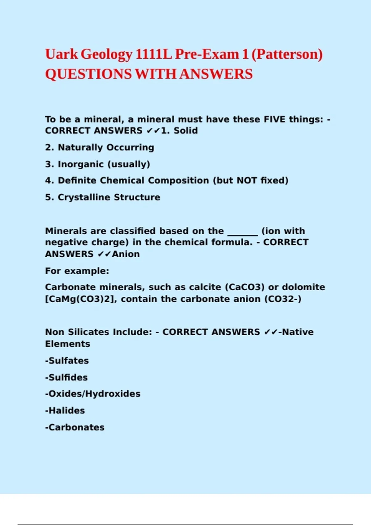 Uark Geology 1111L Pre Exam 1 (Patterson) QUESTIONS WITH ANSWERS GEOL