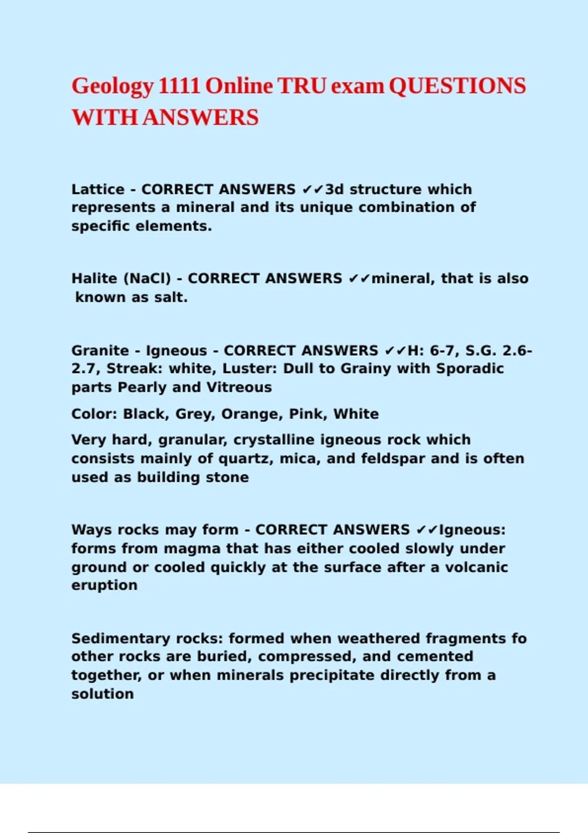 Geology 1111 Online TRU exam QUESTIONS WITH ANSWERS - GEOL 1111 - Stuvia US