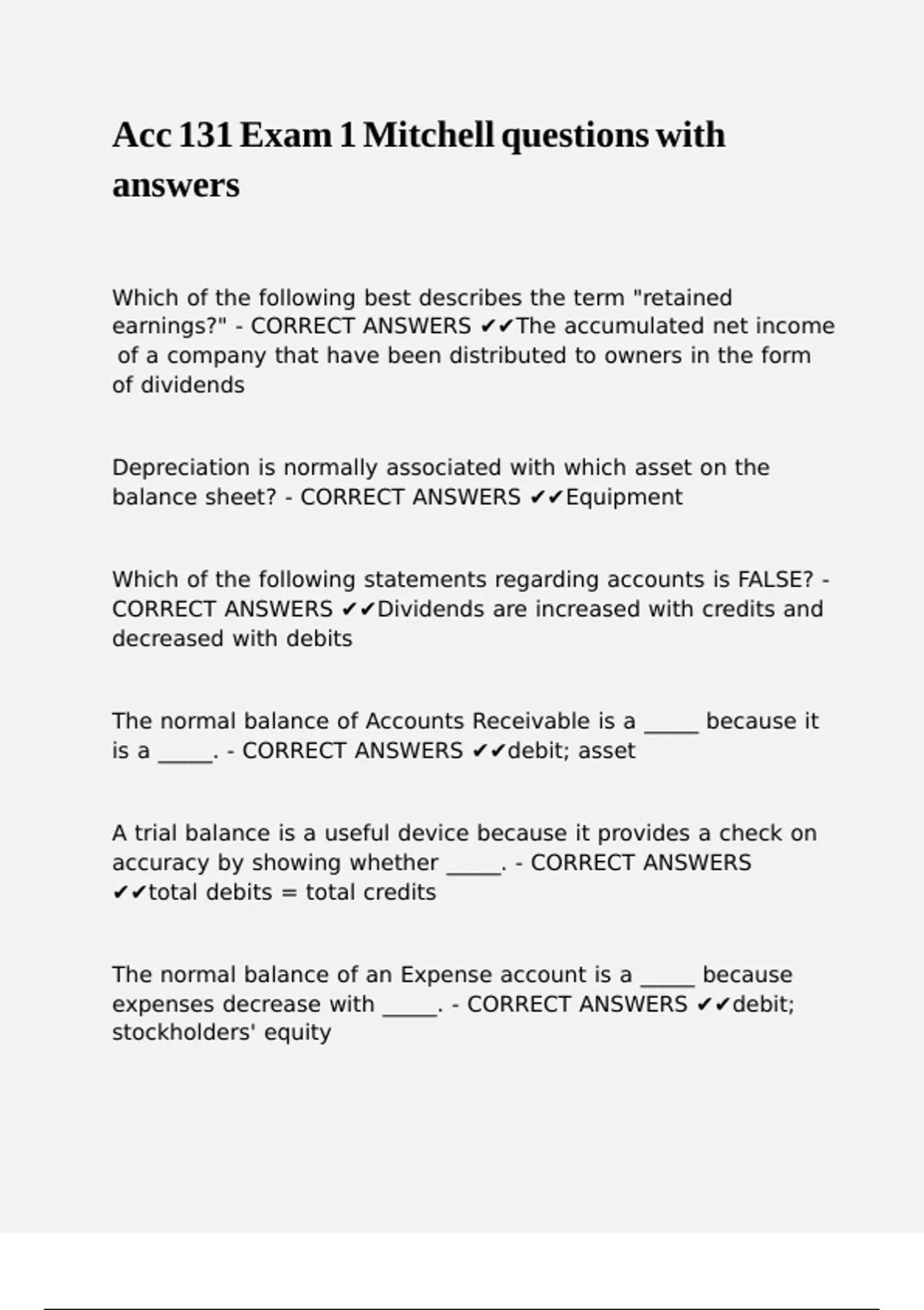 Acc 131 Exam 1 Mitchell questions with answers - ACC 131 - Stuvia US