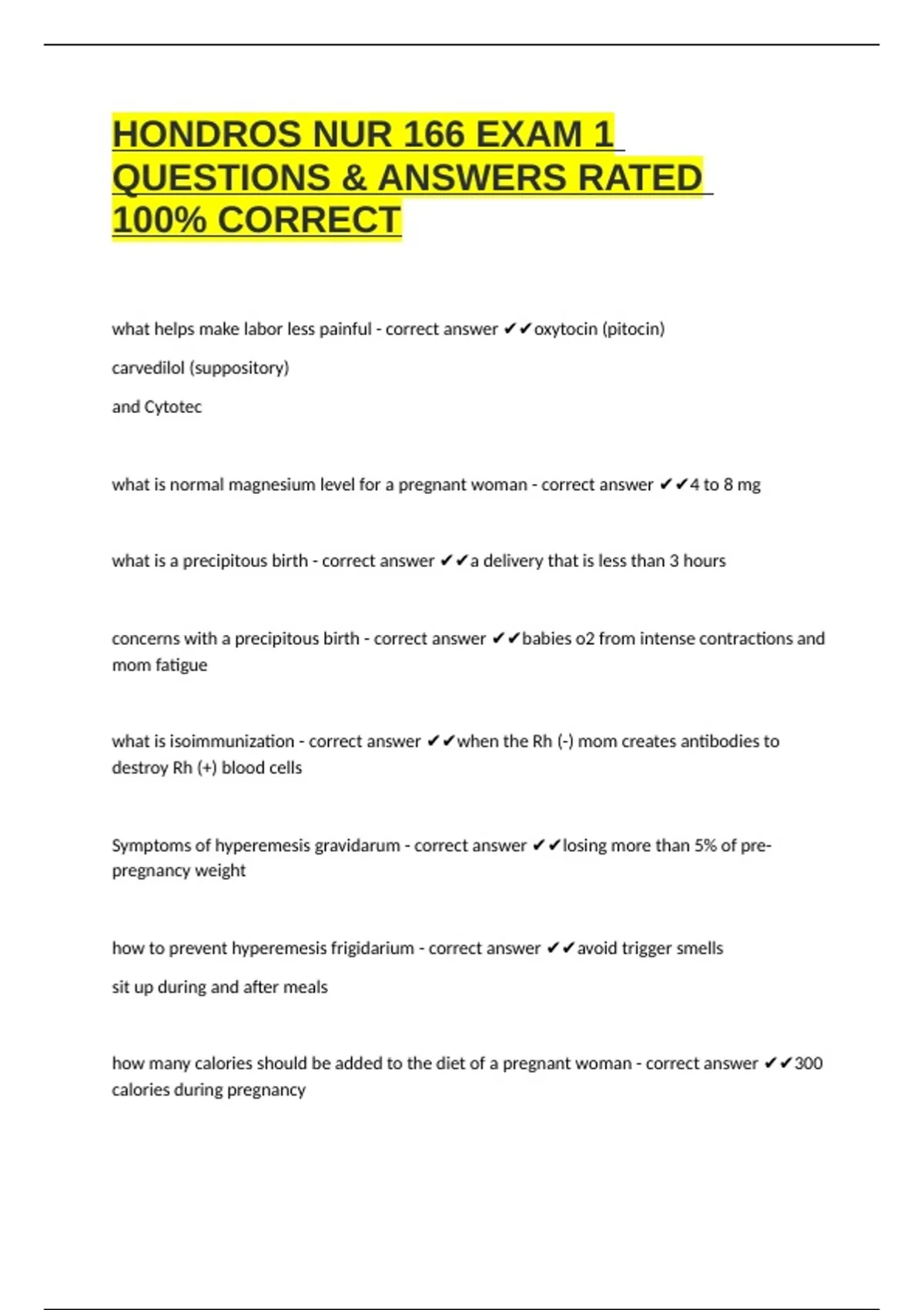 HONDROS NUR 166 EXAM 1 QUESTIONS & ANSWERS RATED 100% CORRECT - NUR 166 ...