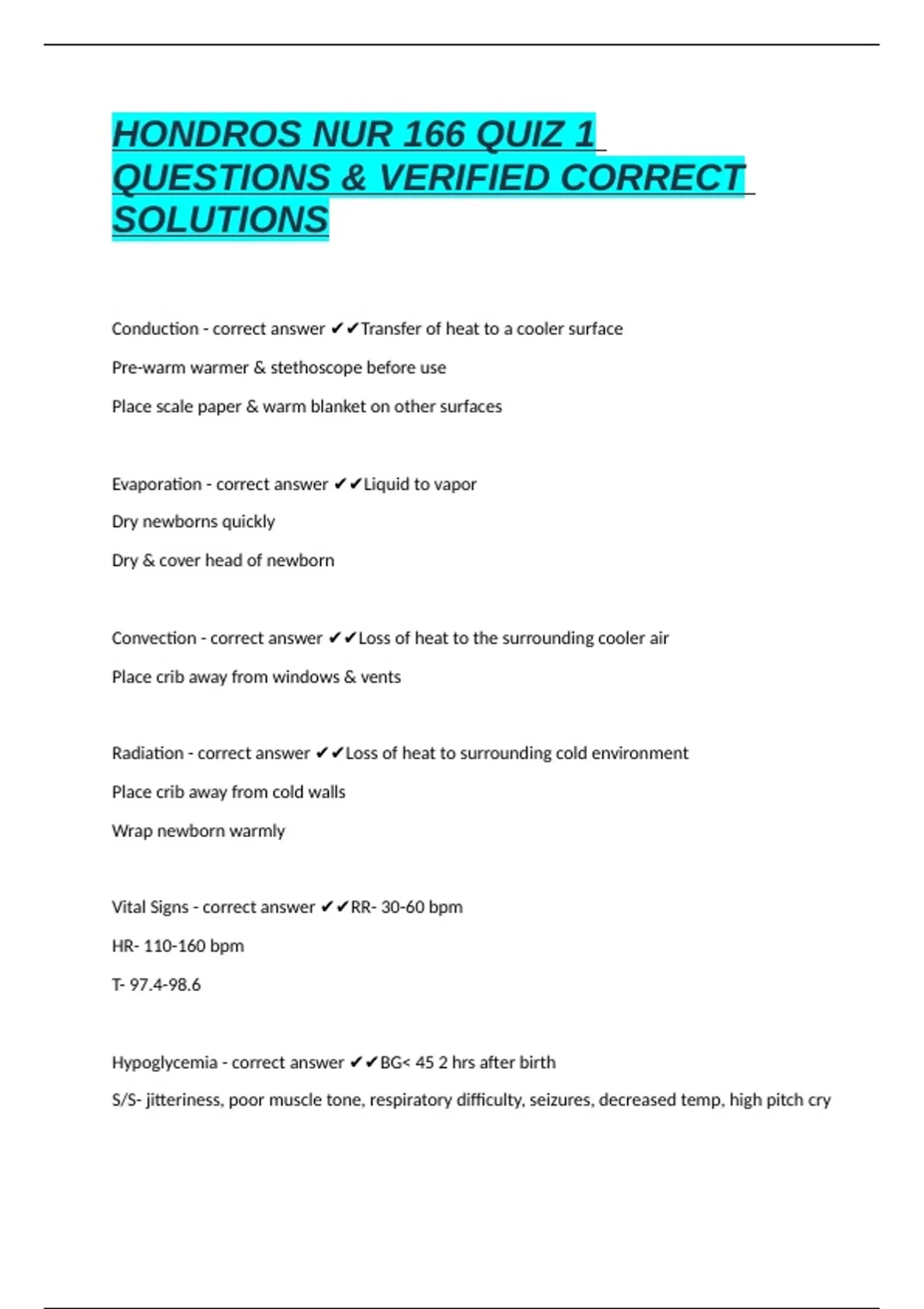 HONDROS NUR 166 QUIZ 1 QUESTIONS & VERIFIED CORRECT SOLUTIONS - NUR 166 ...