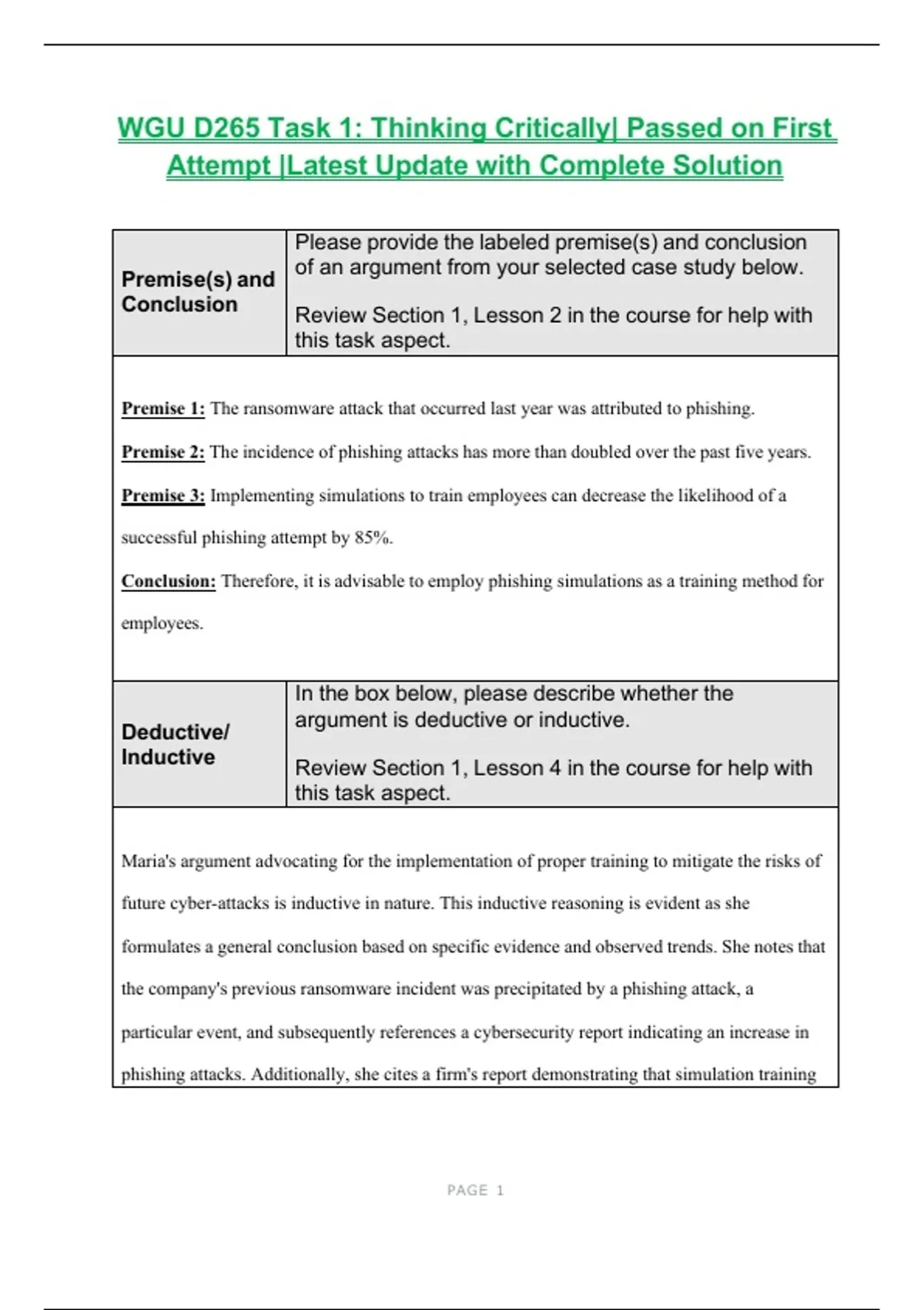 WGU D265 Task 1: Thinking Critically| Passed on First Attempt |Latest ...