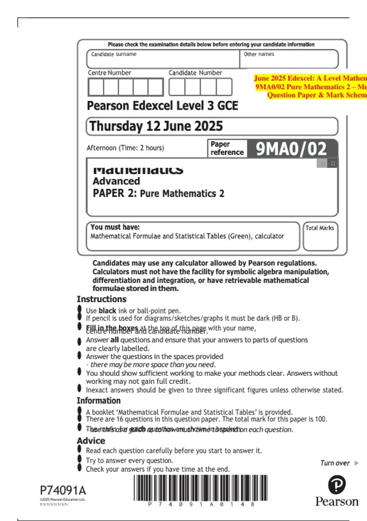 June 2025 Edexcel: A Level Mathematics 9MA0/02 Pure Mathematics 2 ...