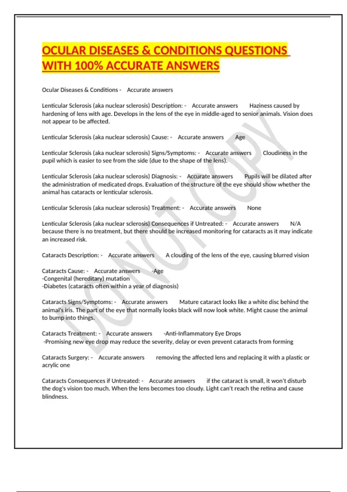 OCULAR DISEASES & CONDITIONS QUESTIONS WITH 100% ACCURATE ANSWERS - Eye ...