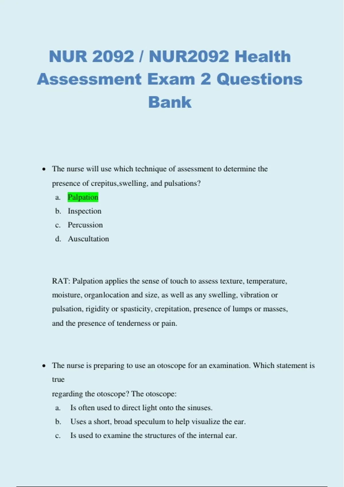 NUR 2092 Health Assessment Exam 2 Question Bank – Verified Nursing Test ...