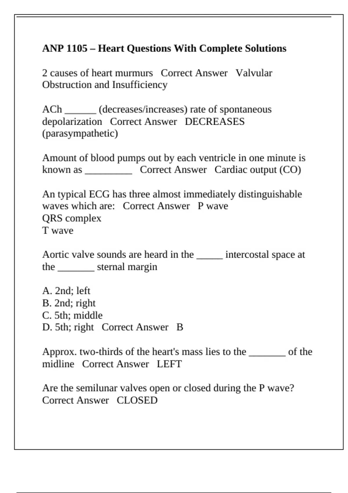 ANP 1105 – Heart Questions With Complete Solutions - ANP 1105 - Stuvia US