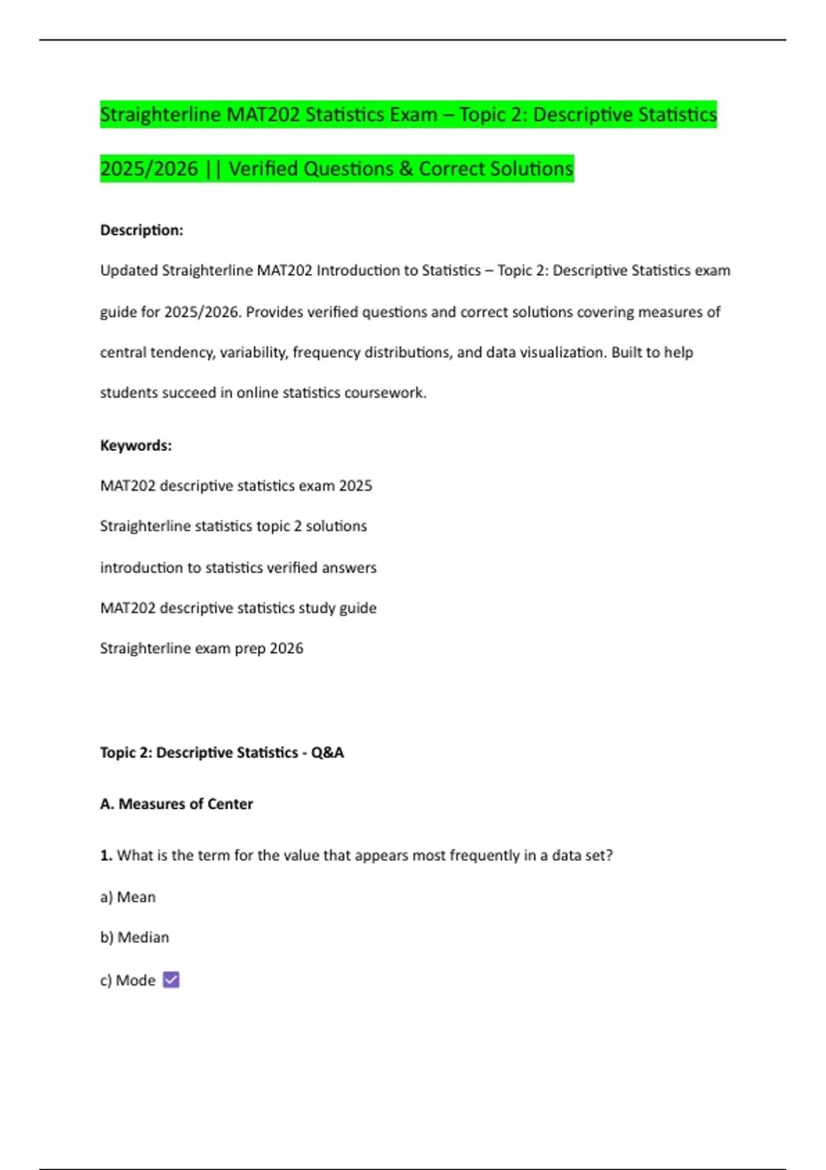 Straighterline MAT202 Statistics Exam – Topic 2: Descriptive Statistics ...