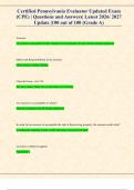 Certified Pennsylvania Evaluator Updated Exam  &lpar;CPE&rpar; &vert; Questions and Answers&vert; Latest 2026&sol; 2027 Update &vert;100 out of 100 &lpar;Grade A&rpar;