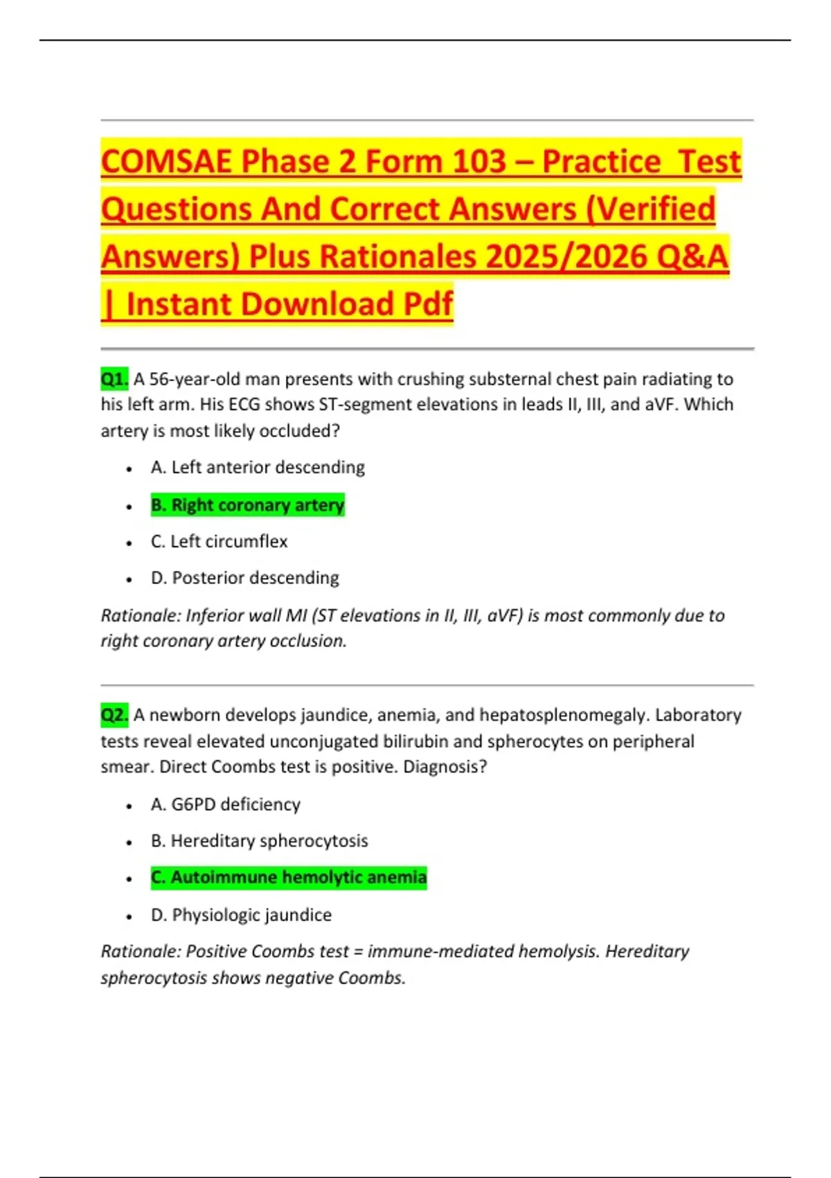 COMSAE Phase 2 Form 103 – Practice Test Questions And Correct Answers ...