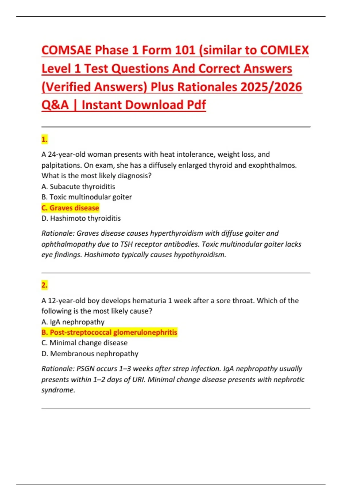 COMSAE Phase 1 Form 101 (similar to COMLEX Level 1 Test Questions And ...