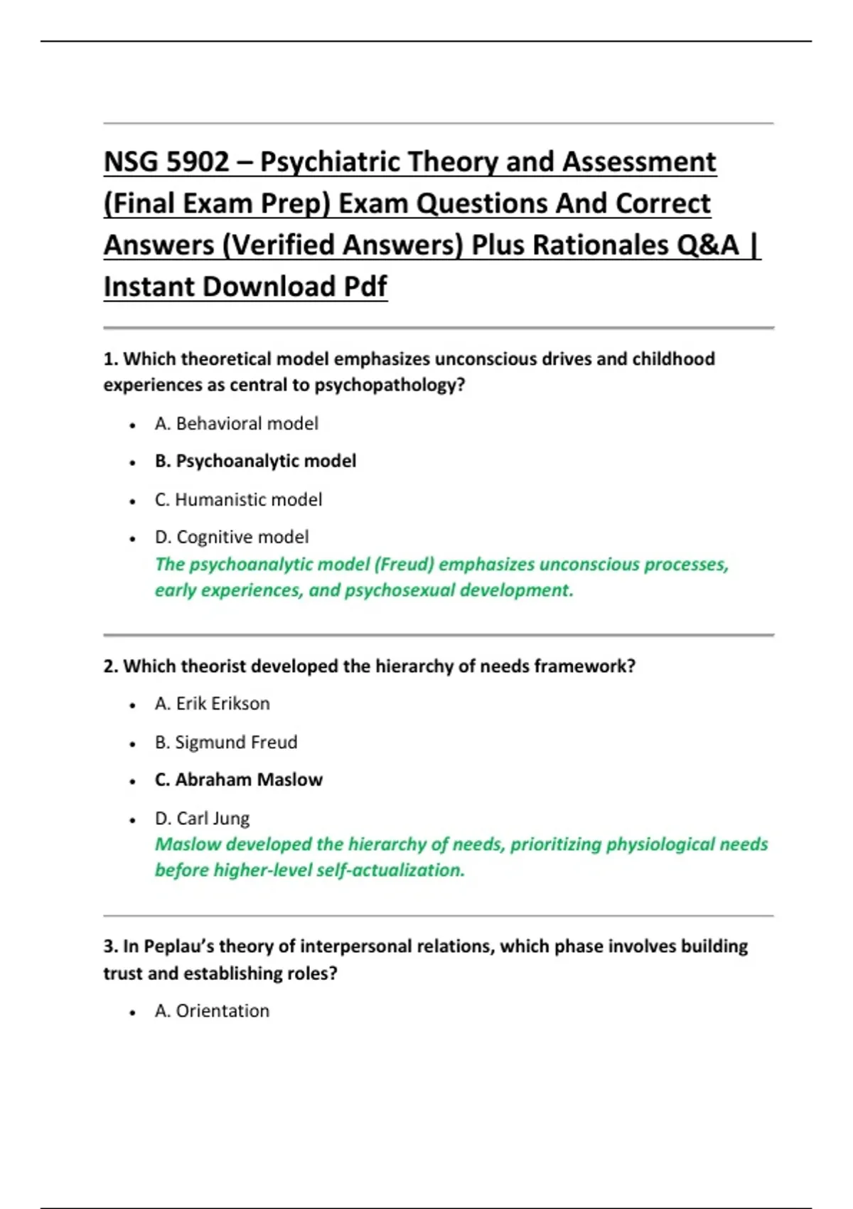 NSG 5902 – Psychiatric Theory and Assessment (Final Exam Prep) Exam ...