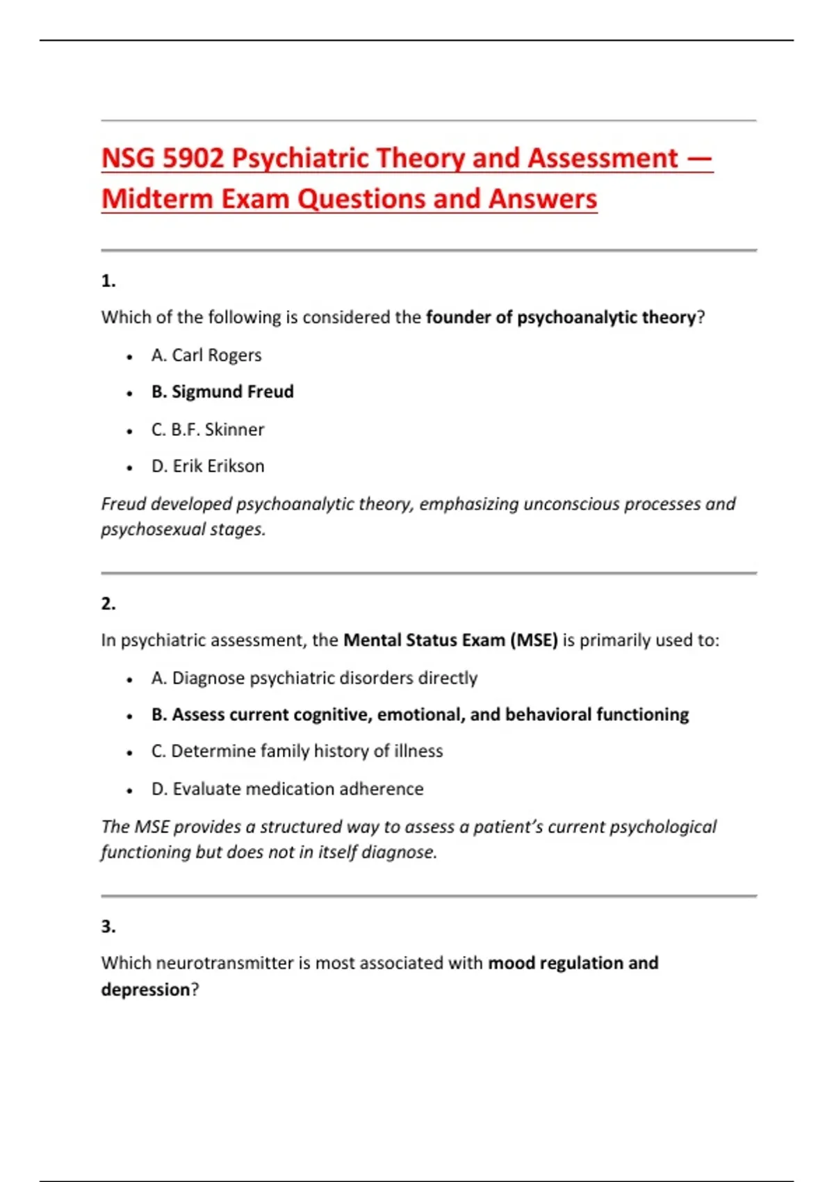 NSG 5902 Psychiatric Theory and Assessment — Midterm Exam Questions and ...