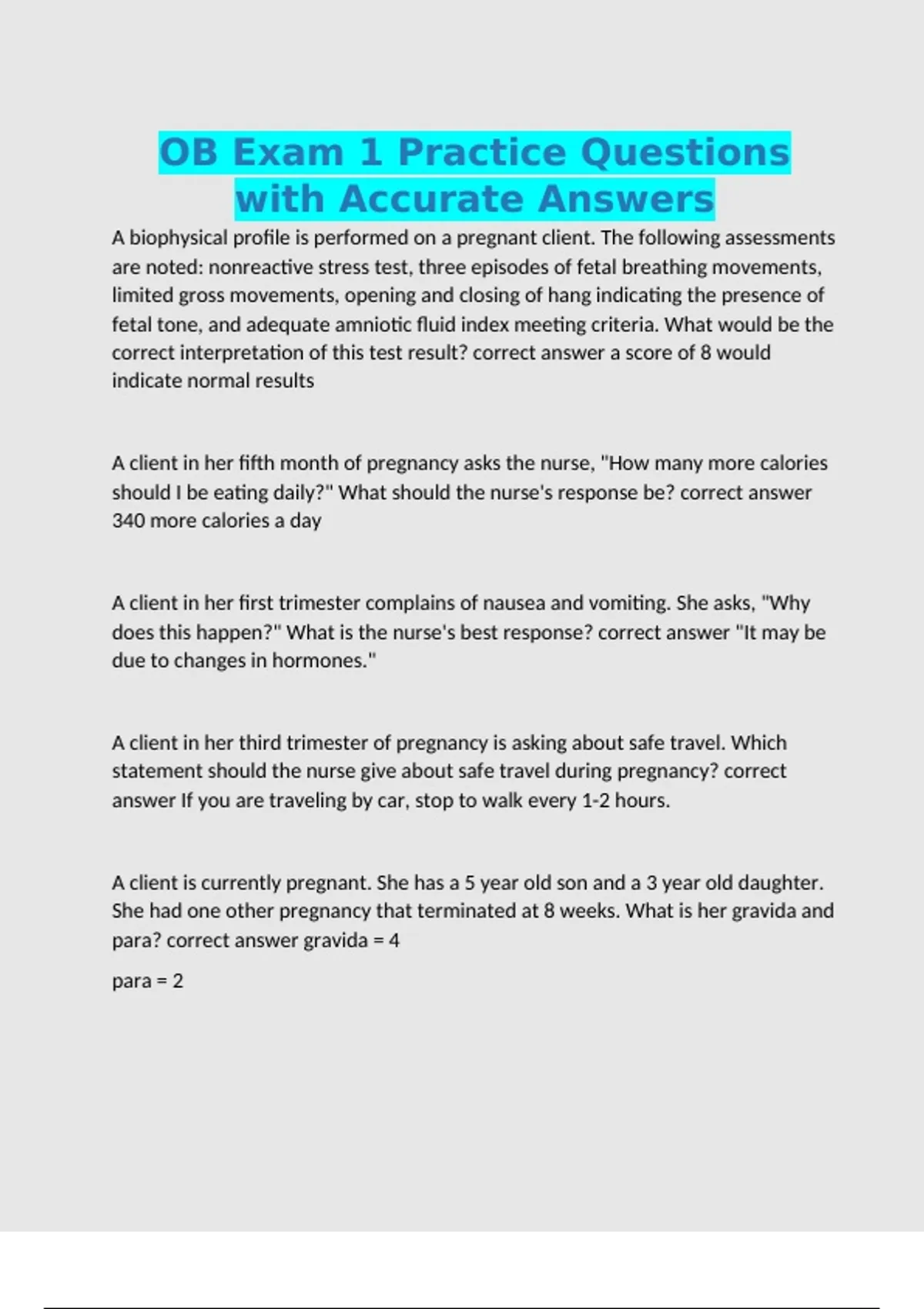 OB Exam 1 Practice Questions with Accurate Answers - Ob - Stuvia US